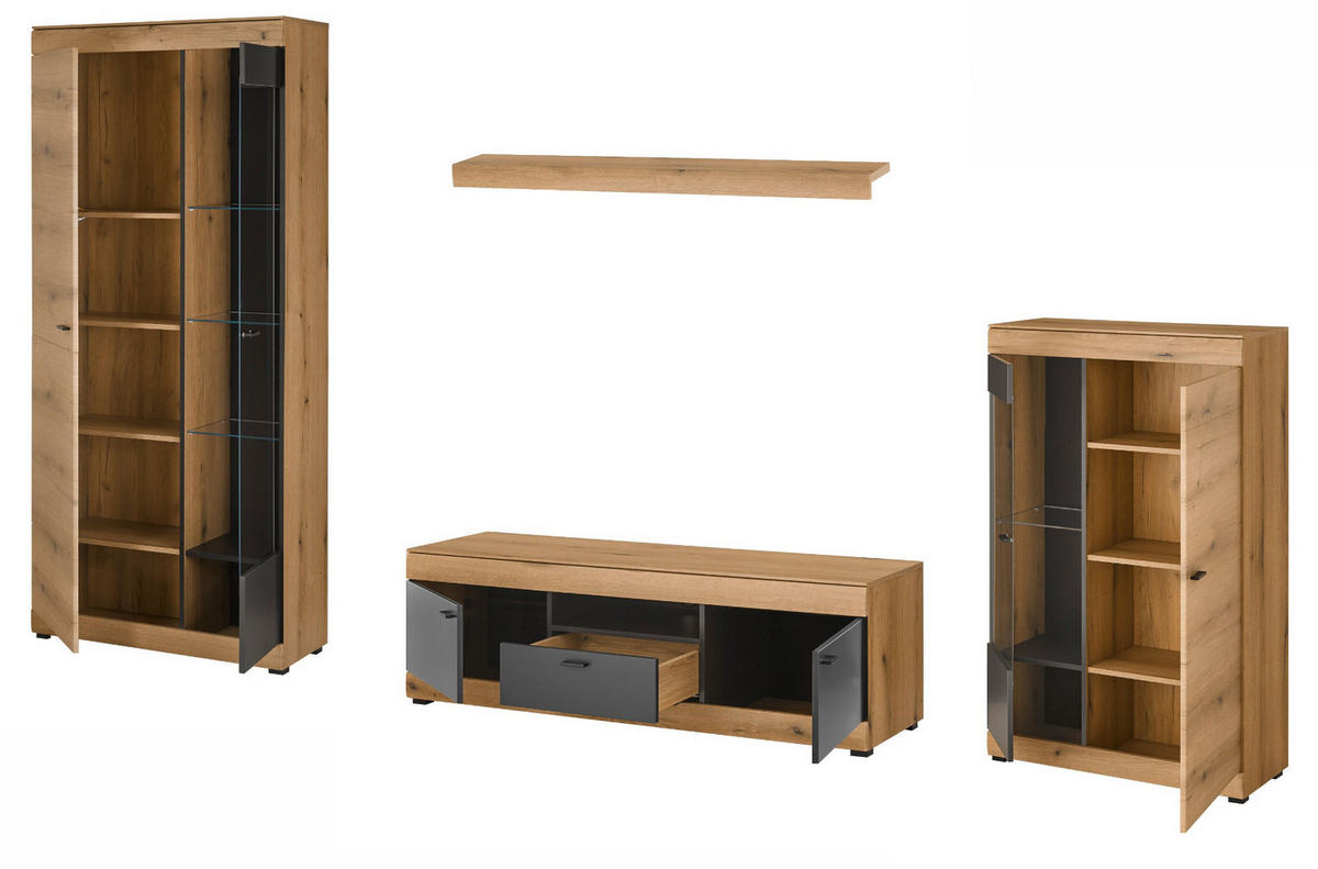 WOHNWAND Eiche, grau 350 cm 4-teilig, Wohnzimmer Set mit Soft-Close - Kaschmir/Eichefarben, Glas/Holzwerkstoff (350/201/45cm) - Furn.Design