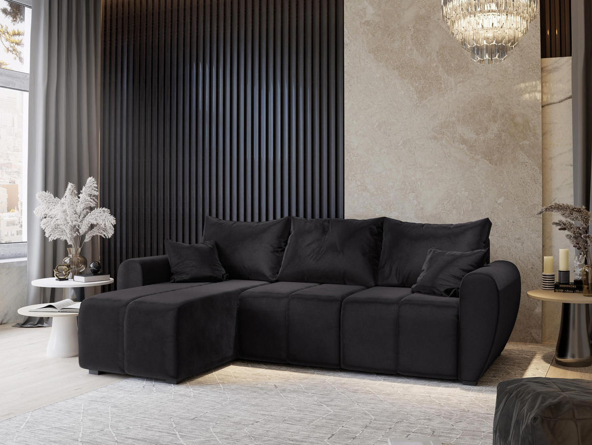 ECKSOFA MADISON Schwarz Plüsch-Stoff mit Schlaffunktion - Schwarz, Holz (246/143cm) - MASSENO