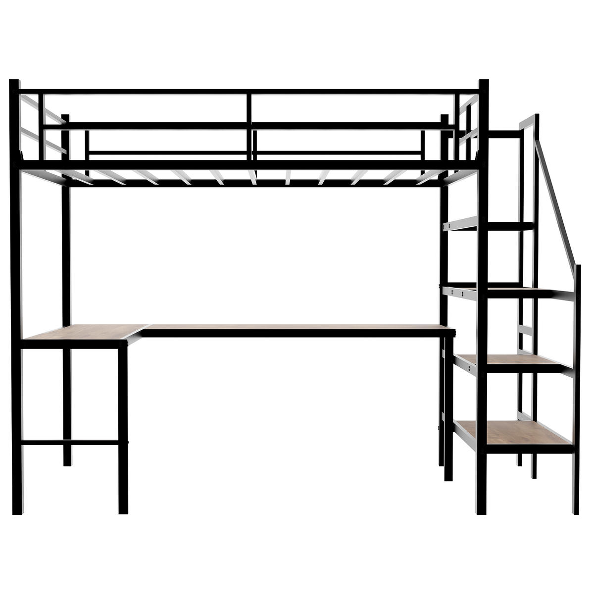 HOCHBETT mit L-förmigem Schreibtisch, Treppe und Stauraum, Metall, Schwarz - Schwarz, Metall (90/190cm) - MIVRAY