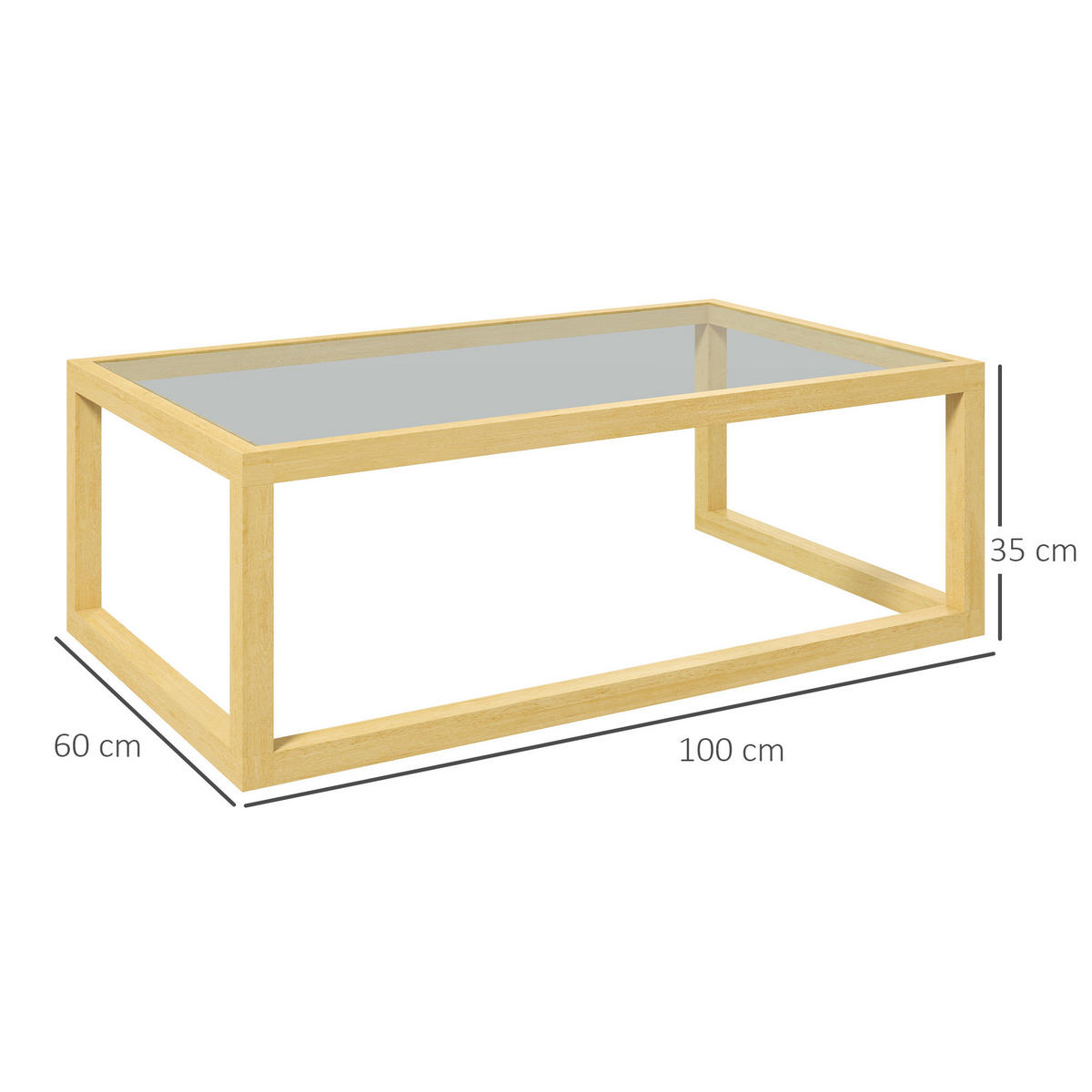 COUCHTISCH DE-15831 mit Glasplatte Hellholz - Naturfarben, Holzwerkstoff (100/60/35cm) - ComfortXL