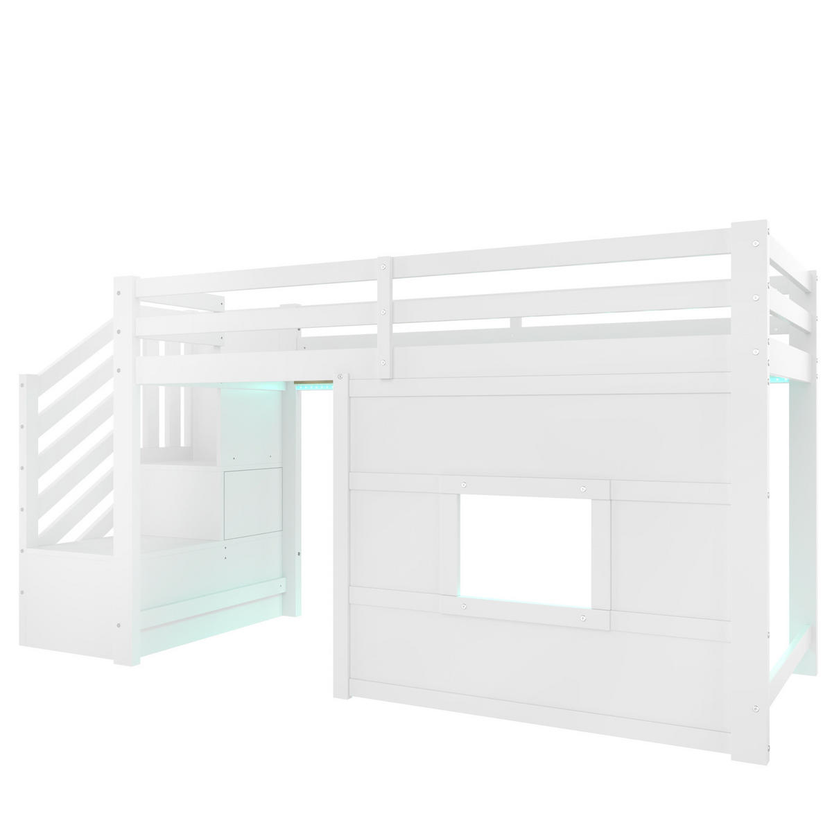 HOCHBETT mit Stauraumtreppe und LED 90x200 cm Weiß - Weiß, Holzwerkstoff (90/200cm) - Beauniv