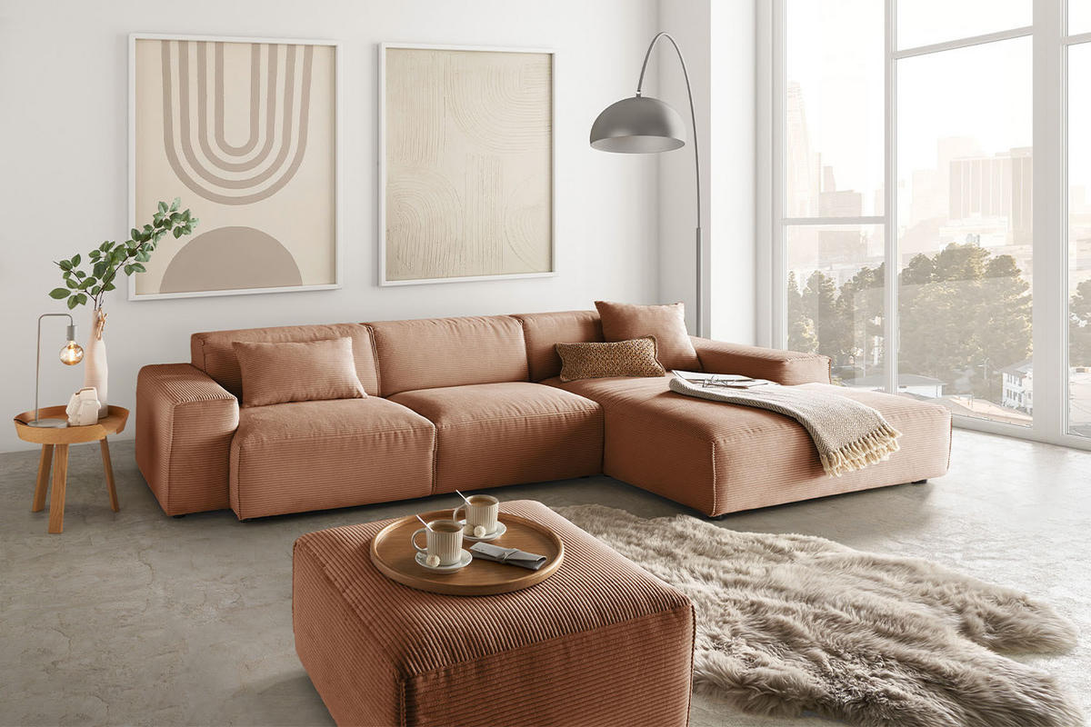 ECKSOFA RANI Braun Cord - Dunkelbraun/Schwarz, Kunststoff/Textil (299/189cm) - KAWOLA