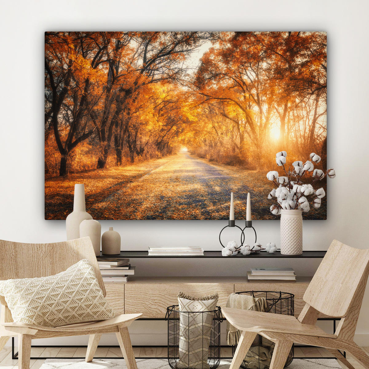 LEINWANDBILD Wald - Herbst - Bäume - Waldweg - Natur Groß 140x90 cm - Bernsteinfarben, Textil (140/90cm) - MuchoWow