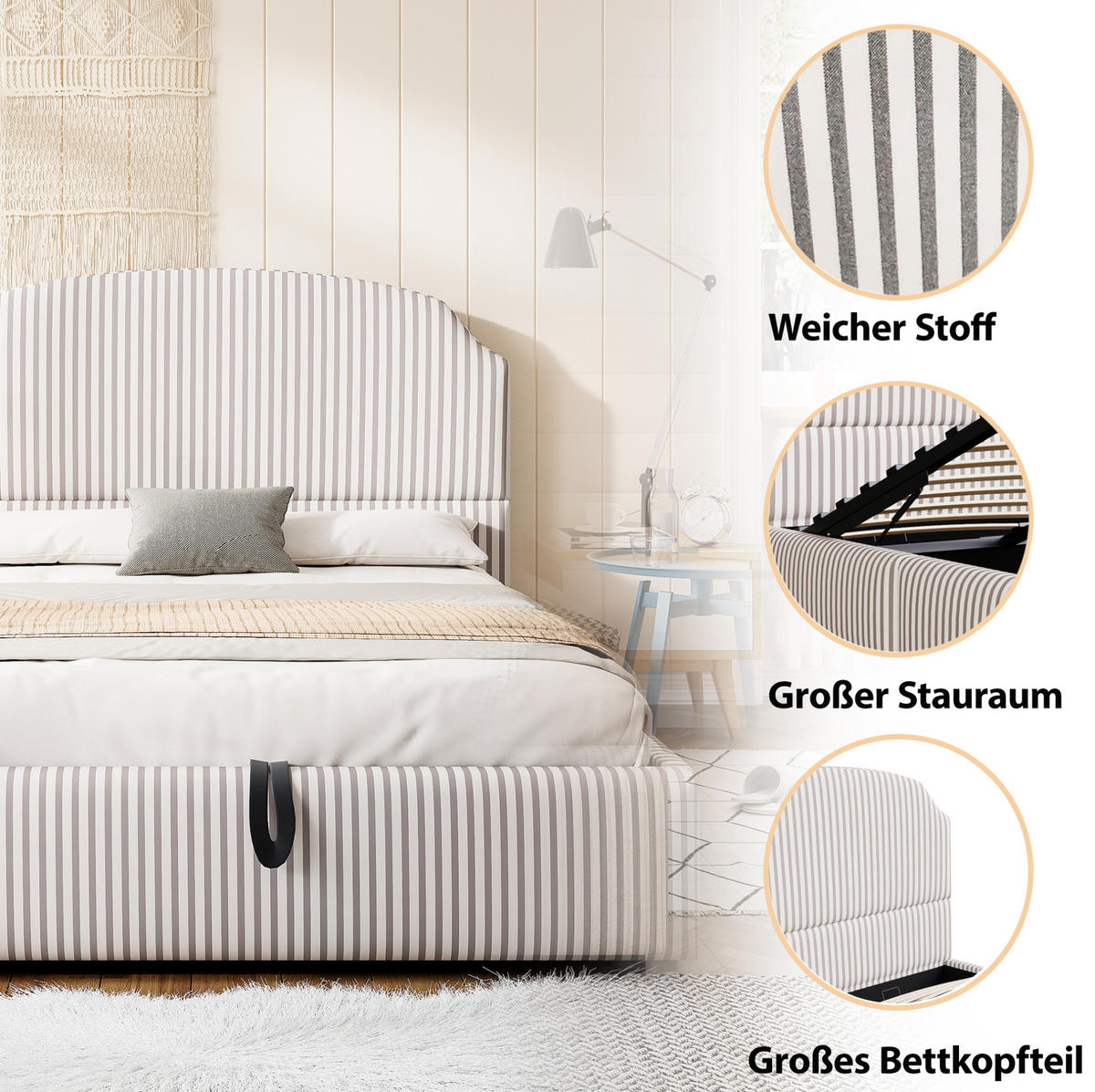 POLSTERBETT aus Stoff 140x200 cm Weiß/Anthrazit mit hydraulischem Bettkasten und großem Kopfteil - Weiß, Textil (140/200cm) - Modfu
