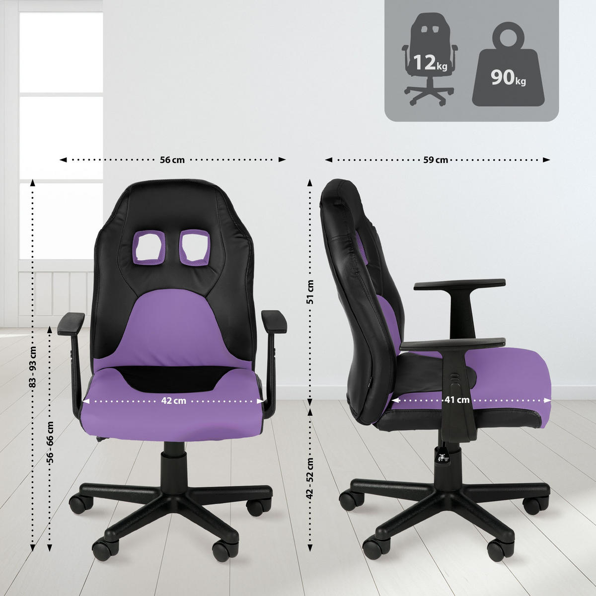 JUGENDDREHSTUHL Lederlook Schwarz/Lila - Lila/Schwarz, Kunststoff/Textil (56/83/59cm) - CLP