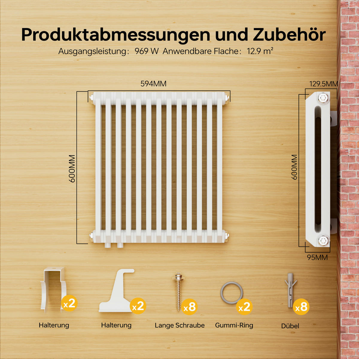 HEIZKÖRPER D-Profil Vertikal Mittelanschluss Glänzend Weiß 60/60 cm - Weiß, Metall (60/60/10cm) - EMKE