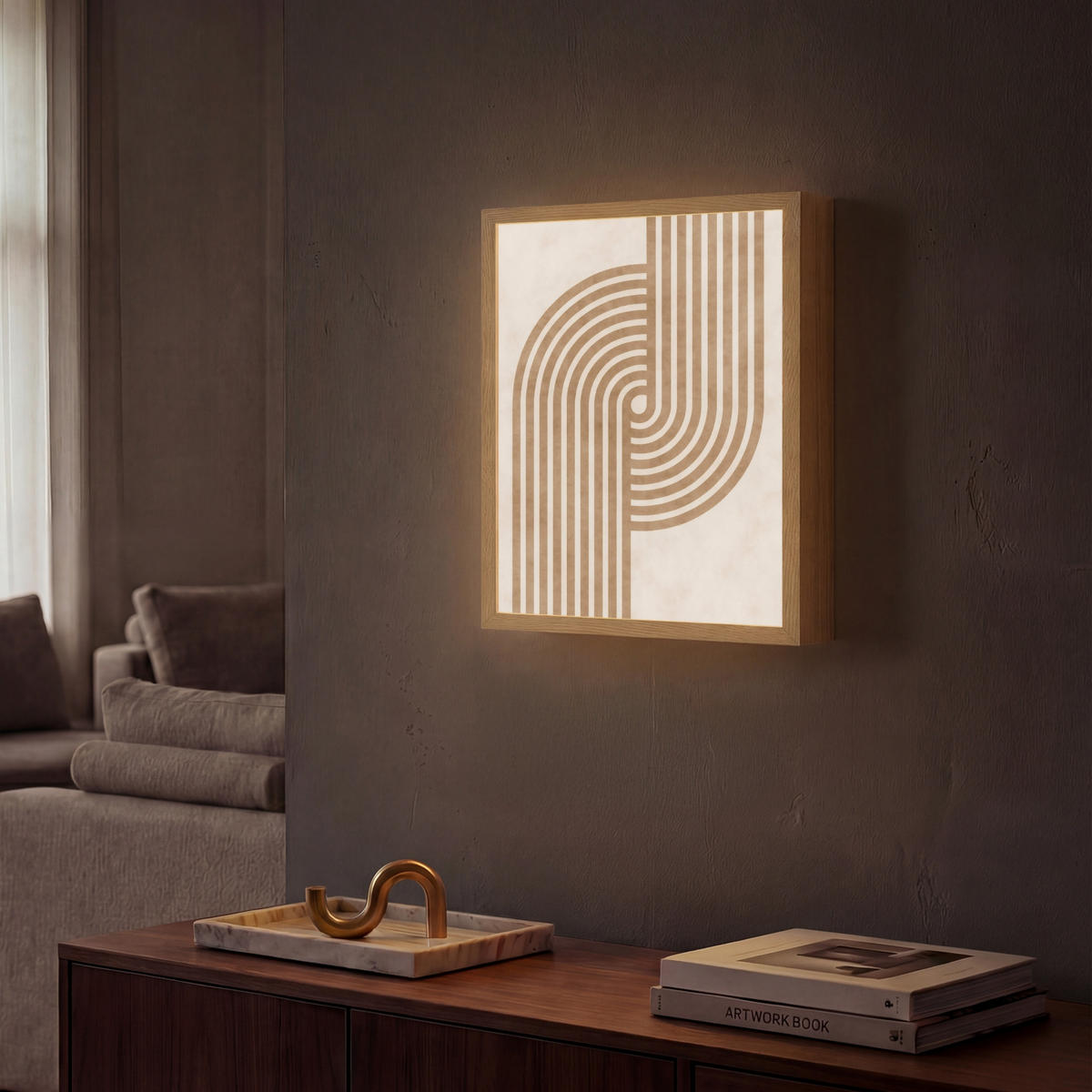 NÁSTĚNNÁ LAMPA S AKUMULÁTOREM Symetrický ohyb - měděná barva 30x40 cm - béžová, kompozitní dřevo (30/40/8cm) - OnlyWow