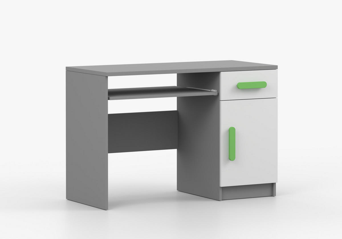 JUGENDZIMMER Elora in Grau und Weiß – 4-teiliges Set mit Schreibtisch, Kommode, Wandregal und Schrank – Grifffarbe Limette - Grau, Holzwerkstoff (80/200/120cm)