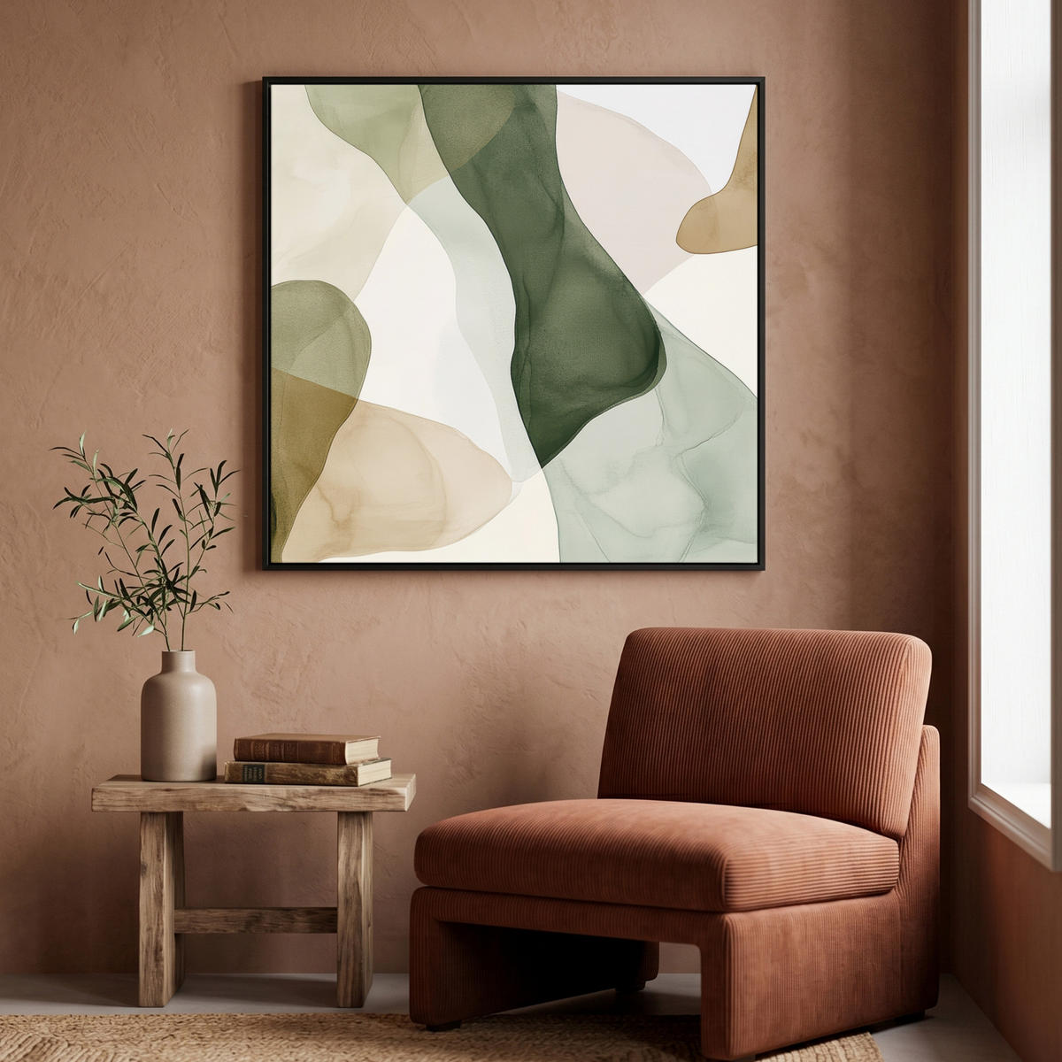 LEINWAND Bilder mit Rahmen - Japandi - Abstrakt - Grün - 90x90 - Salbeigrün, Textil (90/90cm) - MuchoWow