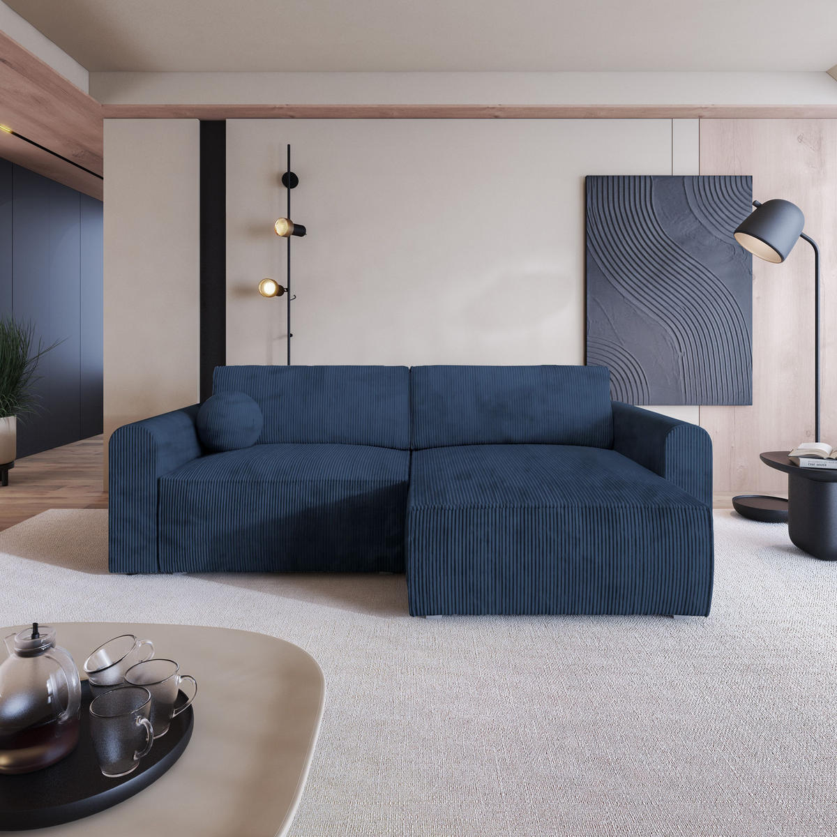 ROHOVÁ SEDAČKA FIANO modrá - modrá, dřevo (245/148cm) - MASSENO