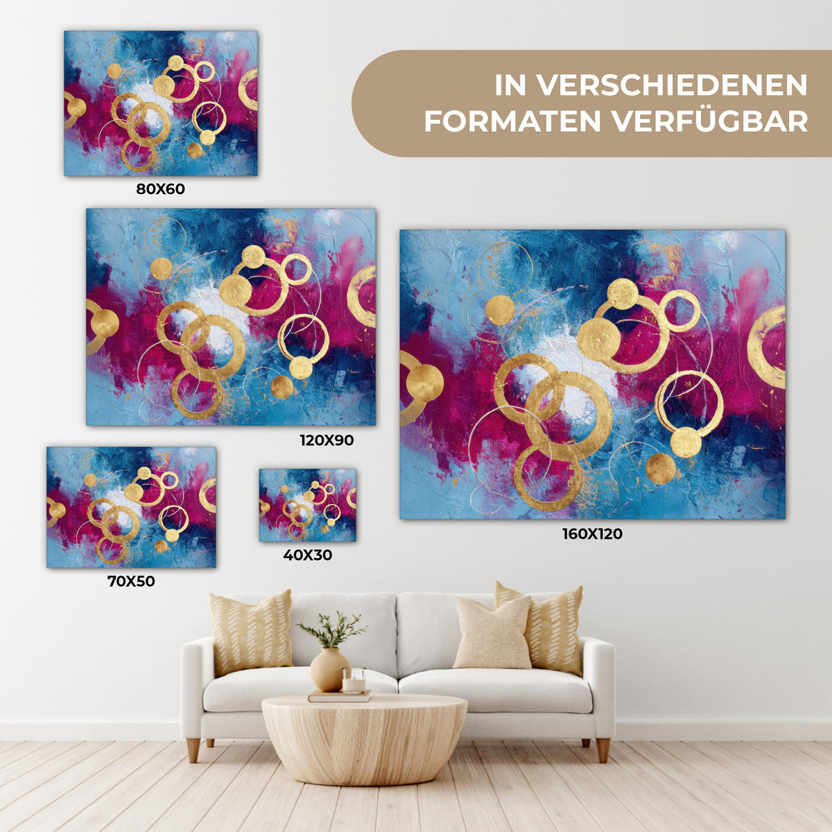 LEINWANDBILD Kreise - Gold - Abstrakt Wandbilder 80x60 cm - Blau, Textil (80/60cm) - MuchoWow