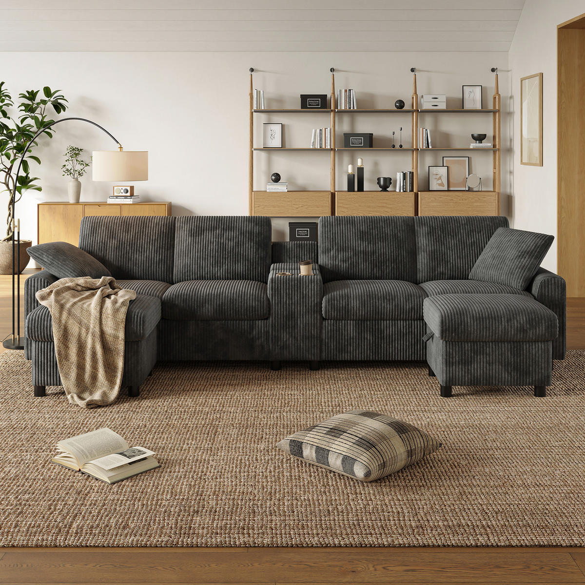 SOFA Grau U-Form Cord Stauraum USB Hocker 315cm Schlaffunktion - Grau, Textil (135/81/315cm) - FLIEKS