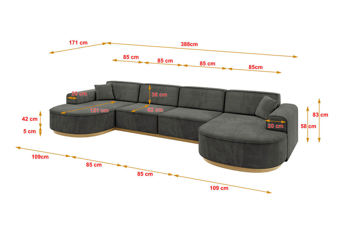 WOHNLANDSCHAFT MARI-U2-v2 - 388x171x83 cm Dunkelgrau Velours - Dunkelgrau, Holzwerkstoff/Textil (388/83/171cm) - ALTDECOR