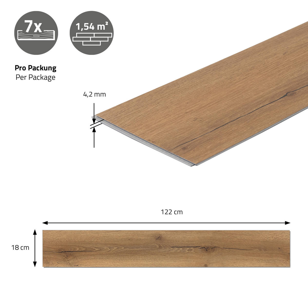 VINYLOVÁ PODLAHA s klikovým systémem 1,54 m²/7 lamel, PVC podlahová krytina, dub rustikální, vzhled dřeva - divoký dub, plast/umělá hmota (122/18/0.42cm) - ML-DESIGN