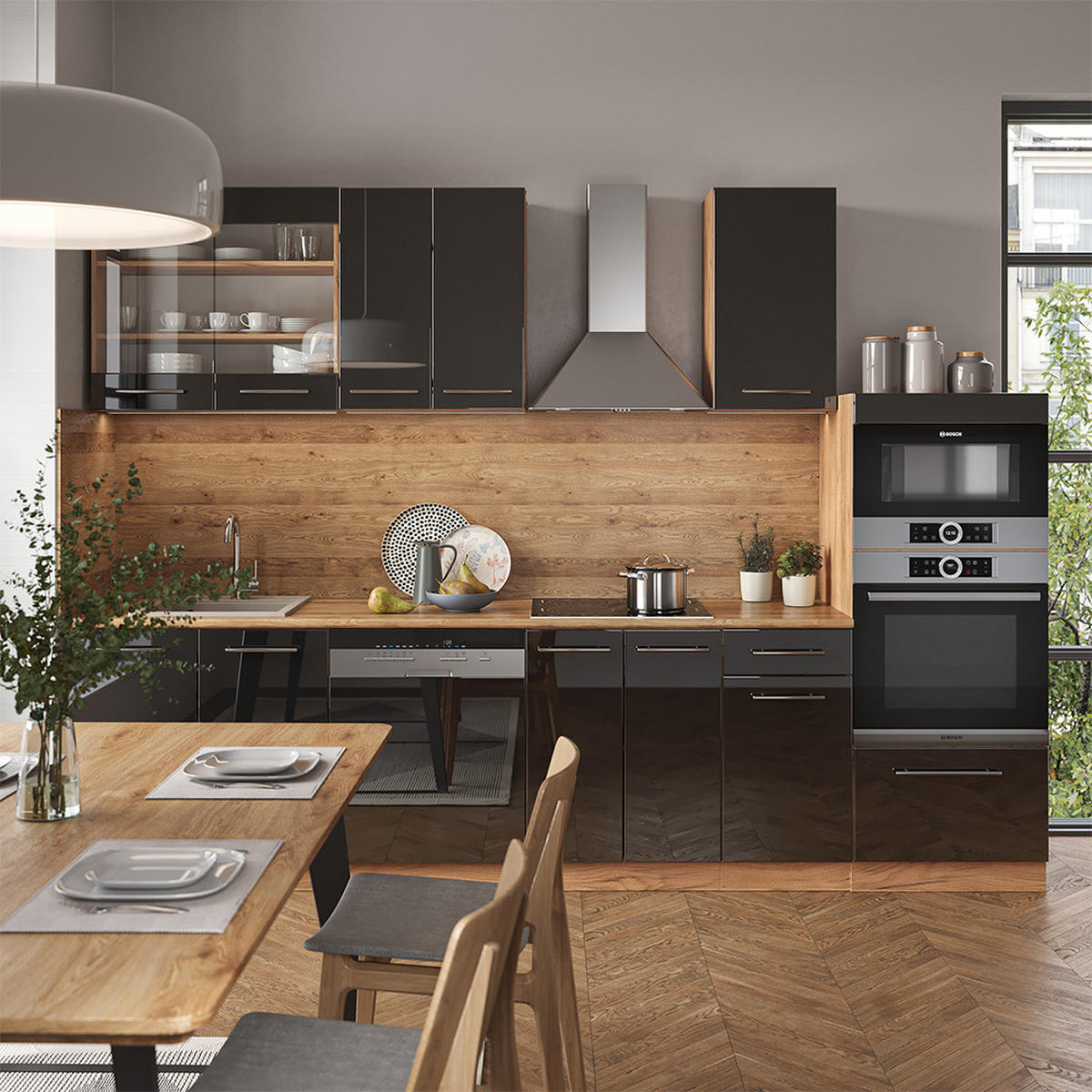 KÜCHENZEILE Fame-Line Anthrazit Hochglanz/Goldkraft Eiche 300 cm AP Marmor - Anthrazit/Eiche Wotan, Holzwerkstoff (300/81.6/60cm) - Vicco
