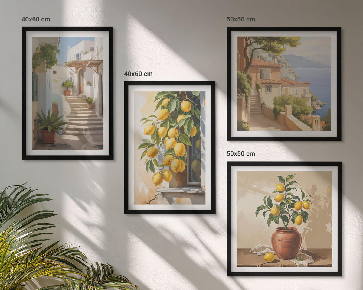 BILDER SET 4er Set - 50x50 cm & 40x60 cm Schwarzer Rahmen - Lemon Streets Meerblick - Schwarz, Kunststoff (50/50cm) - TULUP