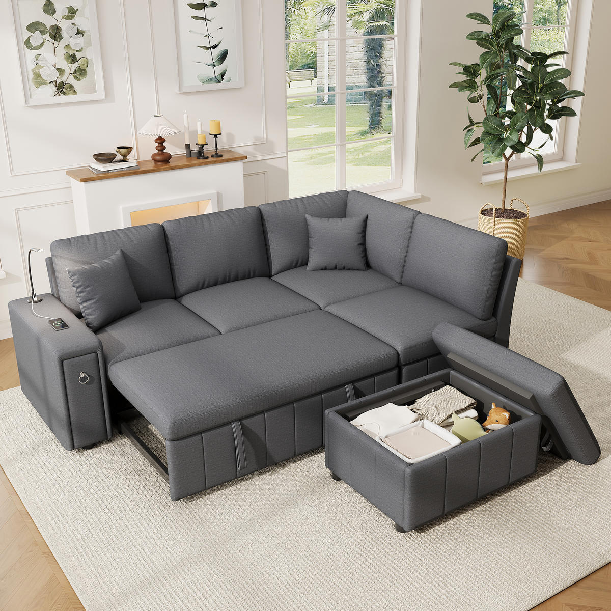 SCHLAFSOFA Grau L-Form USB Stauraum Tisch Leselicht Kissen - Grau, Textil (184/213cm) - FLIEKS