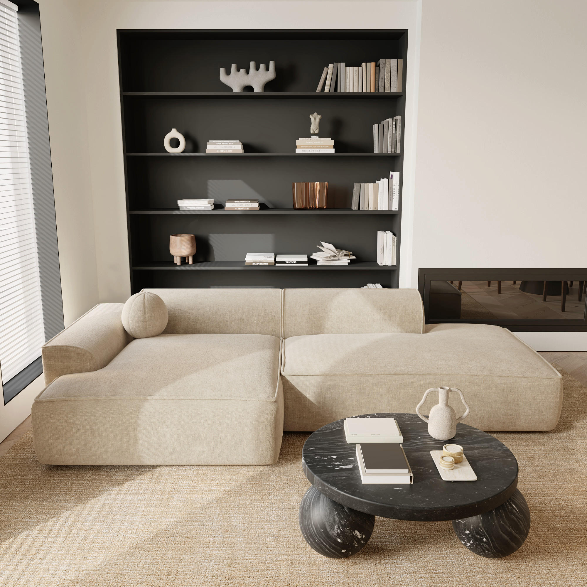 ECKSOFA LINKS Samt Creme 260cm - Creme, Textil (155/260cm) - Sia Home