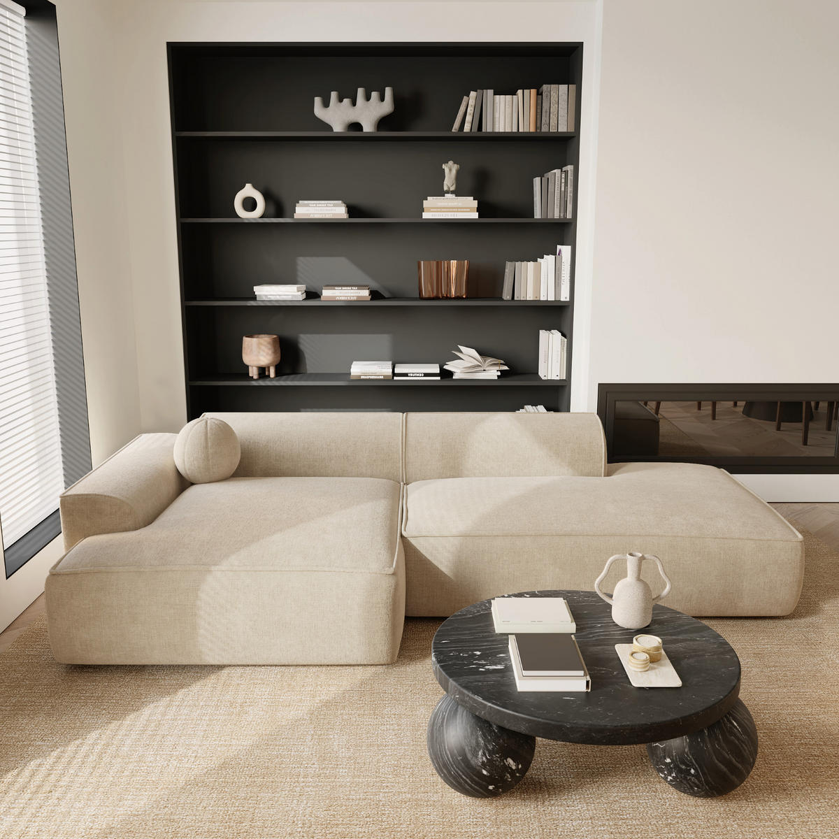 ECKSOFA LINKS Samt Creme 260cm - Creme, Textil (155/260cm) - Sia Home