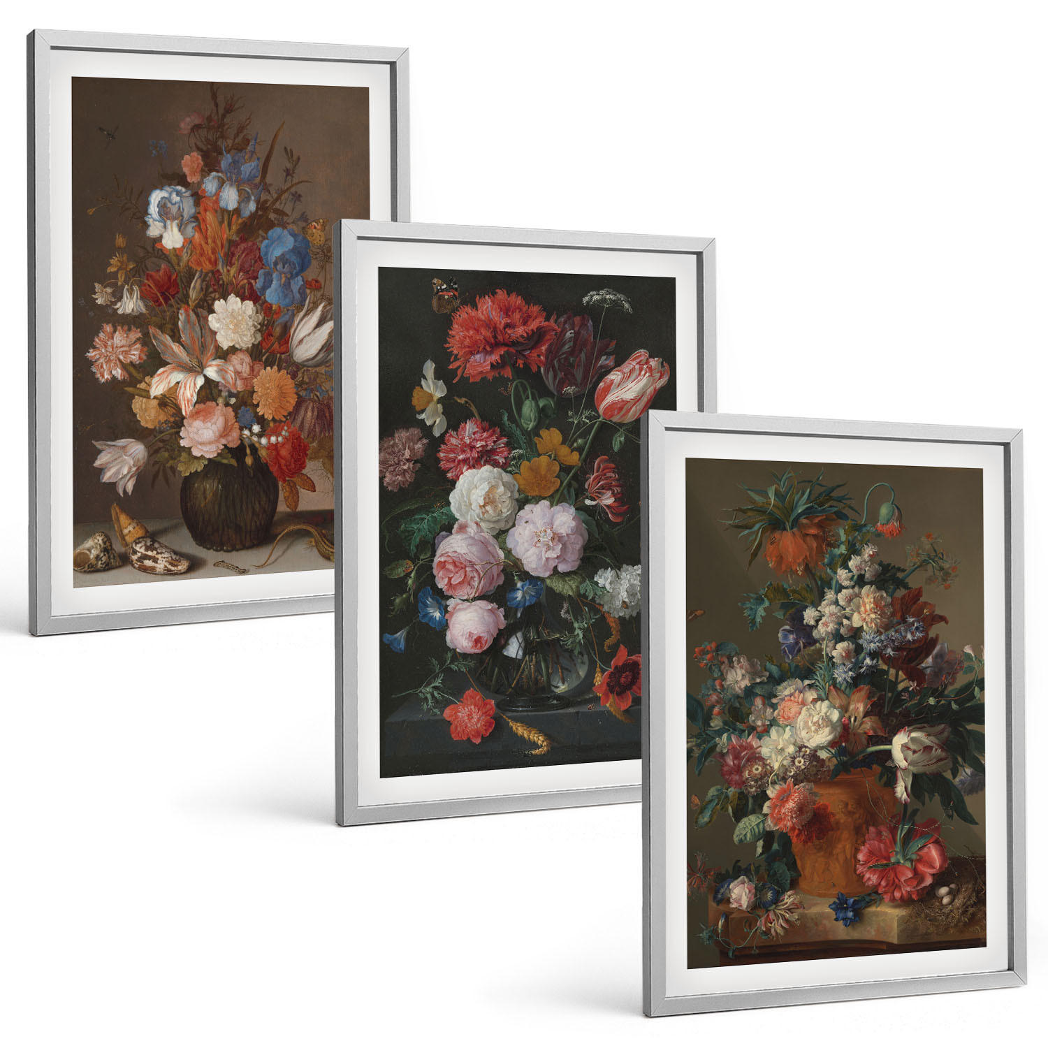 BILDER SET 3er Set - 40x60 cm Silberner Rahmen - Blumenarrangements in Vasen - Silberfarben, Kunststoff (40/60cm) - TULUP