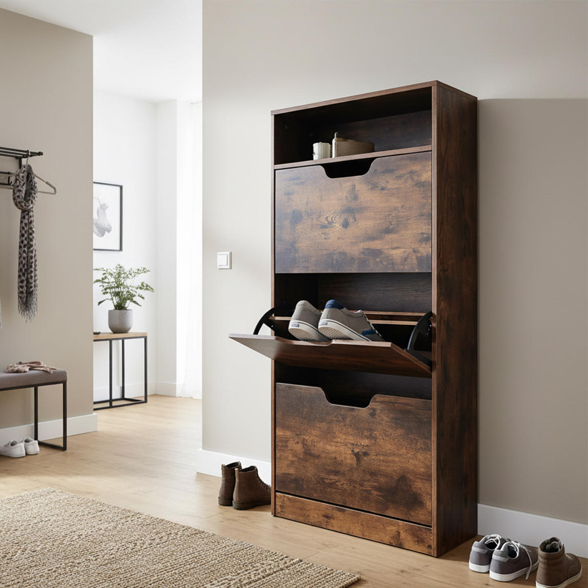 SCHUHSCHRANK - Braun, Holzwerkstoff/Kunststoff (60/140/24cm) - Relaxdays