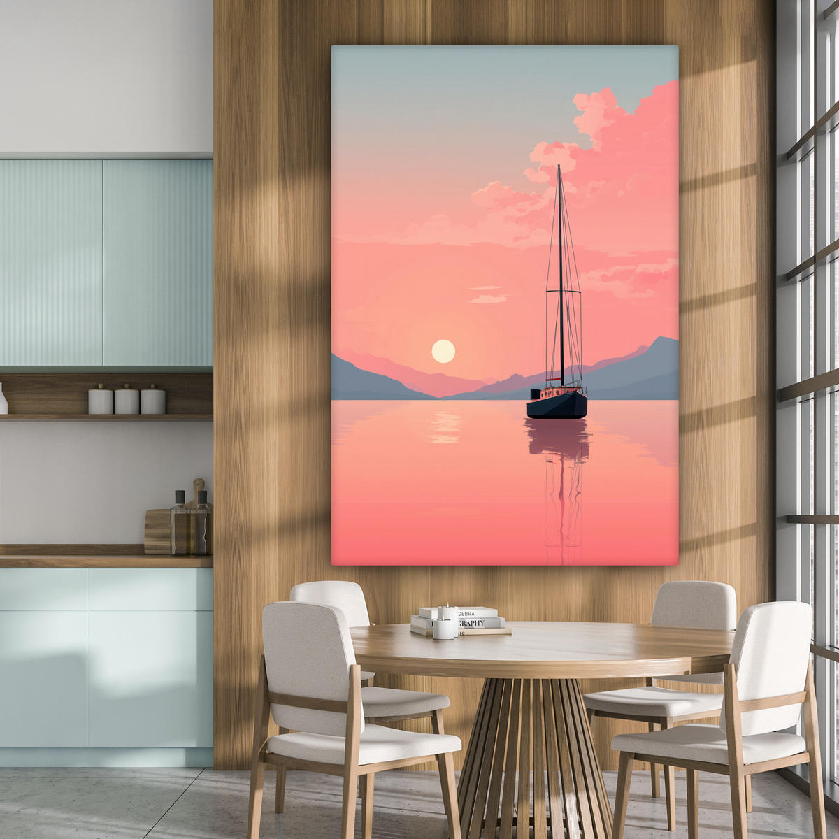 OBRAZ NA PLÁTNĚ Plachetnice - Růžové moře - Západ slunce - Hory 90x140 cm - růžová, textil (90/140cm) - MuchoWow