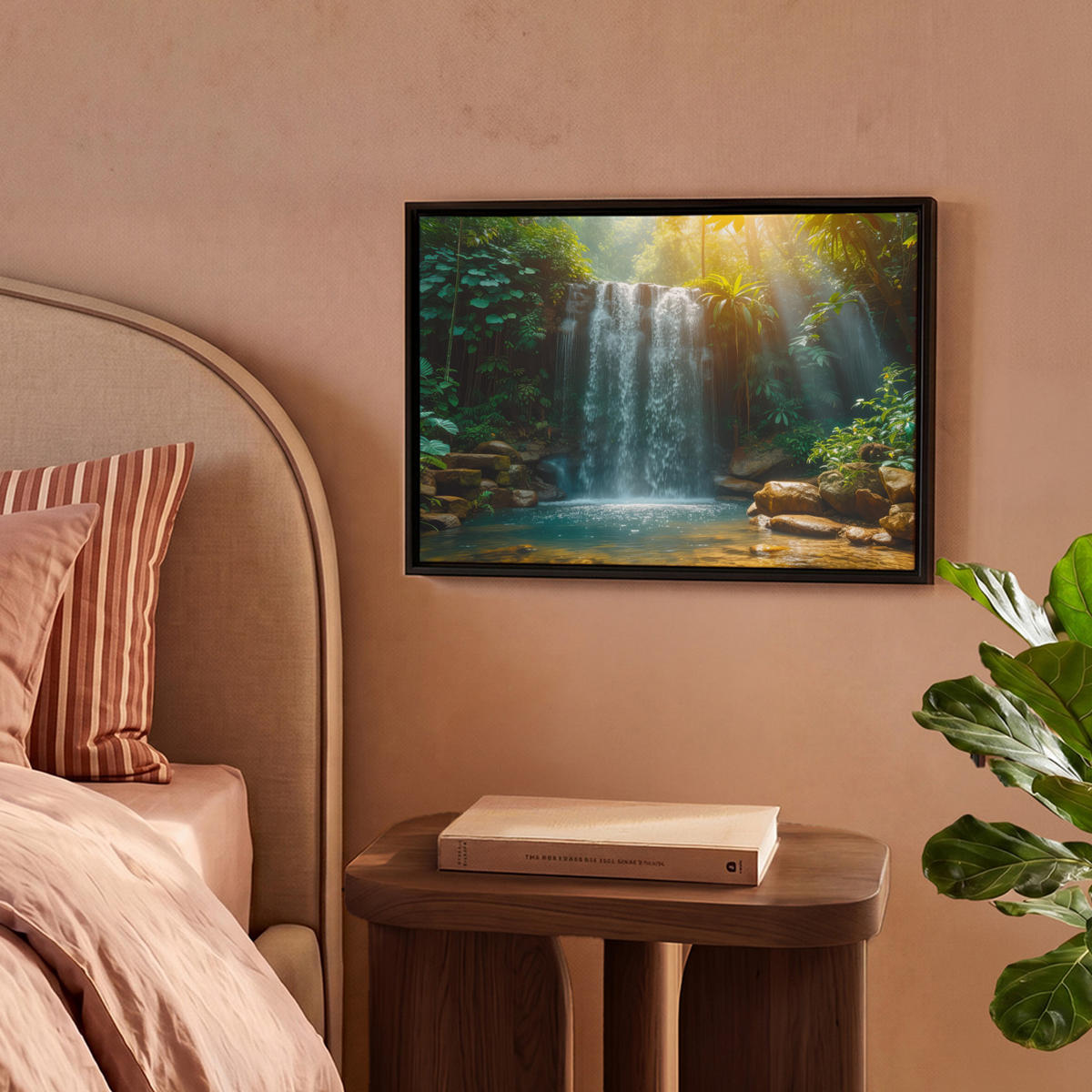 LEINWAND Bilder mit Rahmen - Wasserfall - Dschungel - Sonne - Grün - Natur - 40x30 - Grün, Textil (40/30cm) - MuchoWow