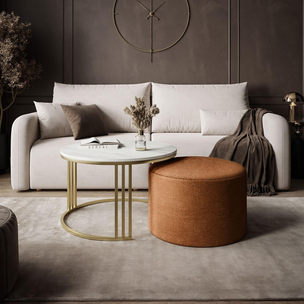 COUCHTISCH mit Hocker LORI MAT gebürstetes Gold/Marmor Levanto/Perfect Harmony 52 - Weiß, Metall (70/70/49cm) - Lookway