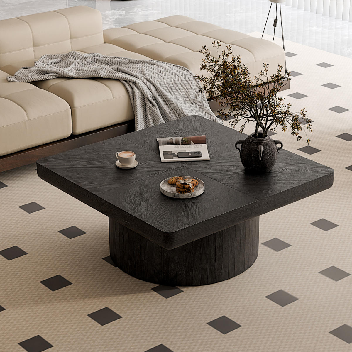 COUCHTISCH Couchtisch 78x78cm Quadratisch-Schwarz Holzfurnier Zylinderfuß - Schwarz, Holz (78/78/38cm) - Raelunyi