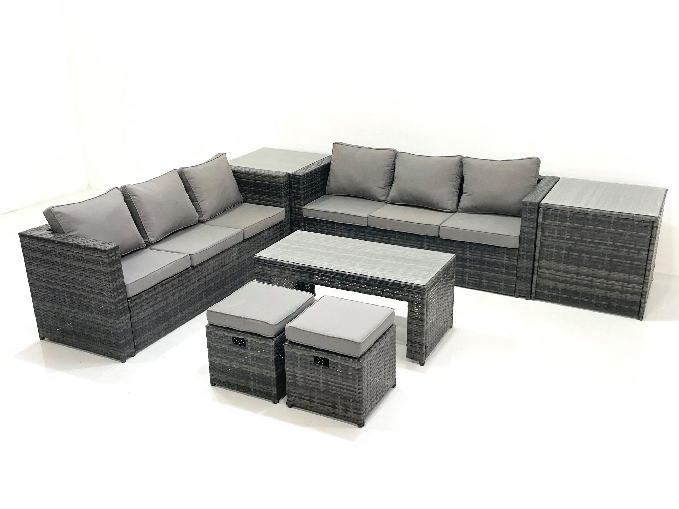 GARTENMÖBEL COUCHTISCH SET mit Sofa Polyrattan Outdoor 8-Sitzer - Dunkelgrau/Grau, Glas/Kunststoff - Fimous