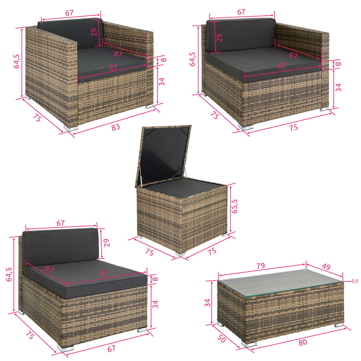 RATTANLOUNGE Pisa,inklusive großer Aufbewahrungsbox,natur - Naturfarben, Kunststoff - tectake