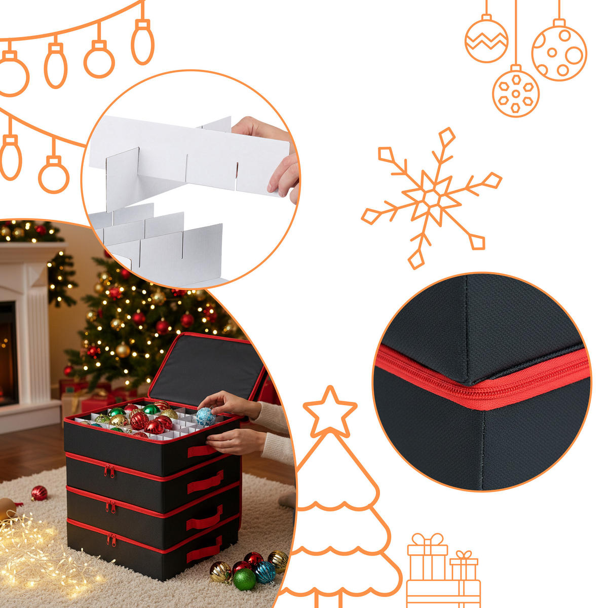 AUFBEWAHRUNGSBOX Schwarz 4er-Set für Weihnachtskugeln 9x33x33 cm - Schwarz, Wellpappe/Kunststoff (32.5/36/32.5cm) - Relaxdays