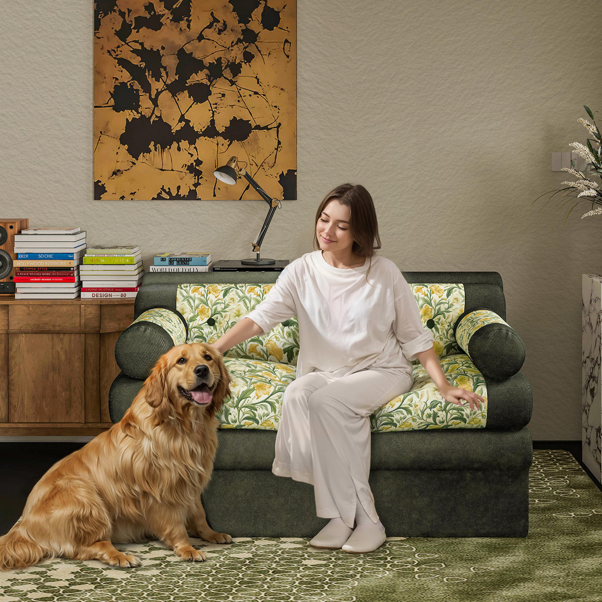 SOFA mit Blumendekor 132x72x48 cm - Grün, Textil (132/72/82cm) - Vercart