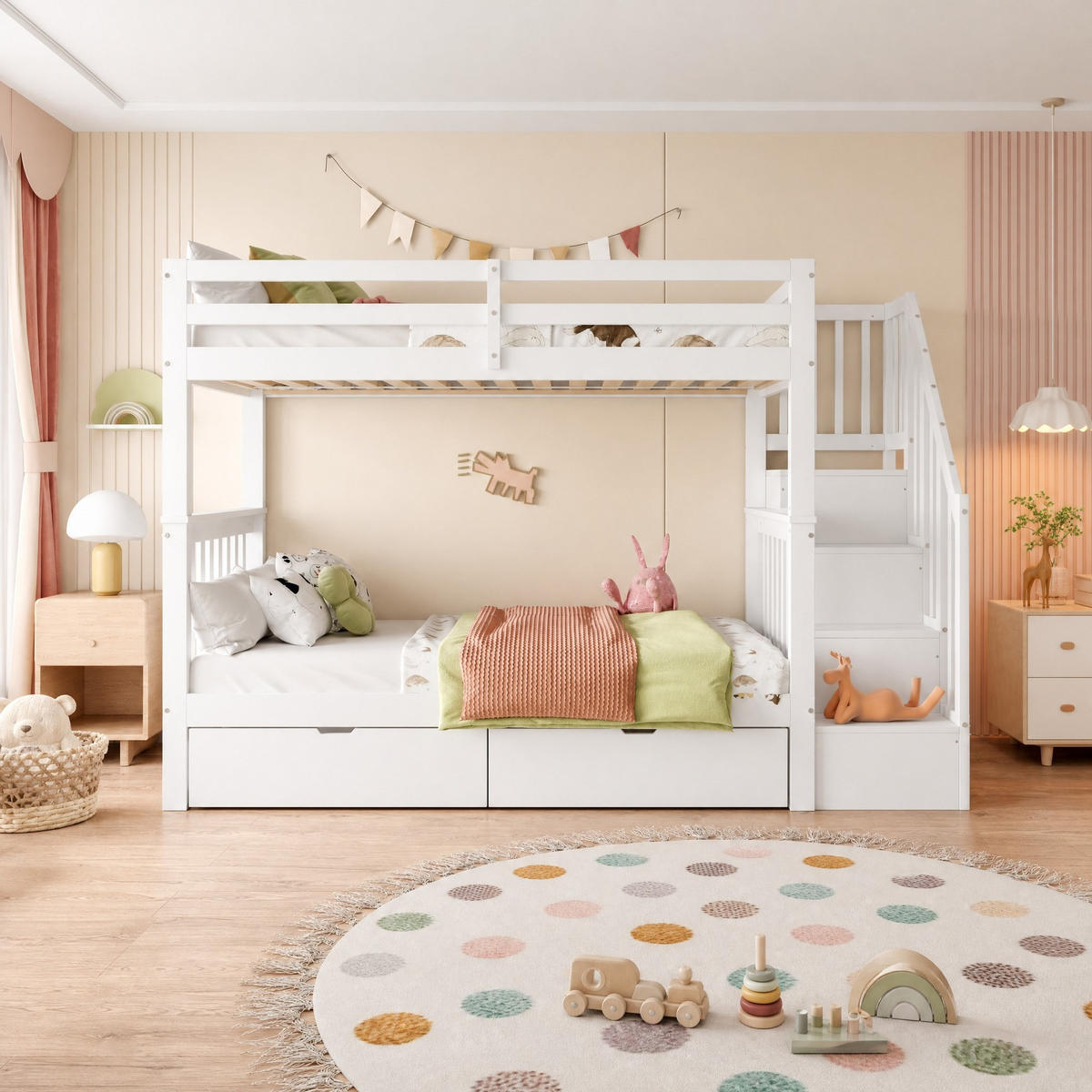 PATROVÁ POSTEL 90/200 cm v bílé barvě se schůdky, policemi a 2 zásuvkami - bílá, dřevo/kompozitní dřevo (90/200cm) - CHICFURN