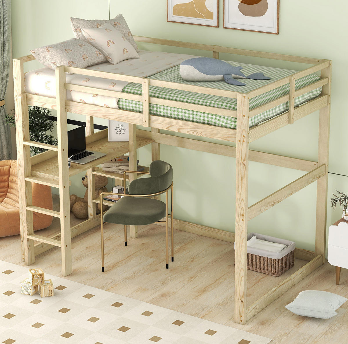 HOCHBETT 140/200 cm Natur mit Schreibtisch und Stauraum mit Matratze - Naturfarben, Holzwerkstoff (140/200cm) - OKWISH