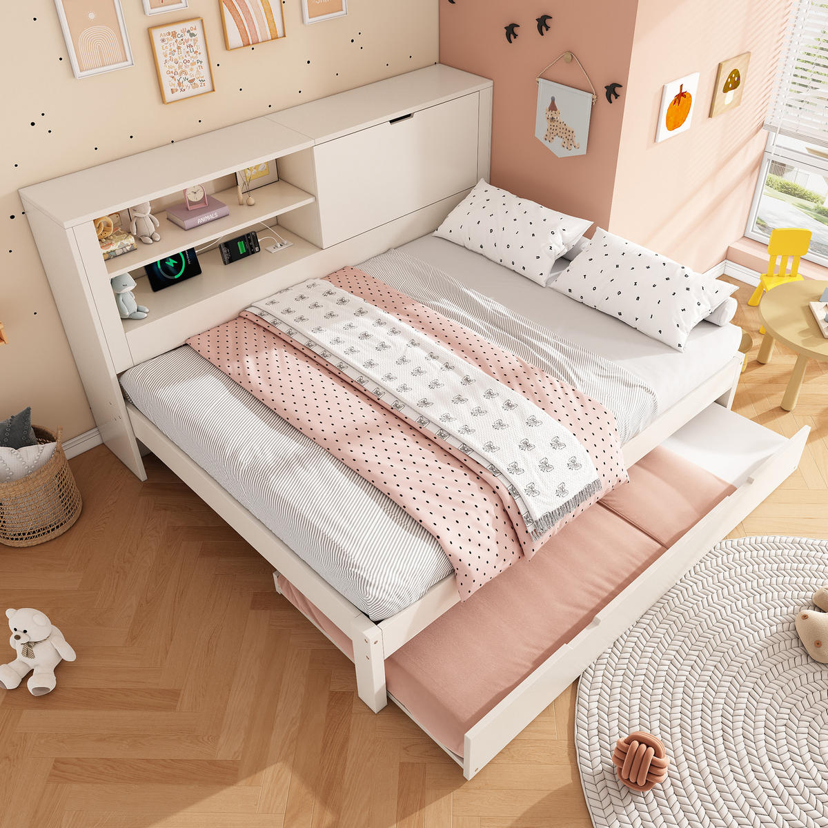 AUSZIEHBETT 140/190 cm DE-00848, in Weiß, USB-C und Klapp-Stauraum - Weiß, Holz (140/190cm) - ComfortXL