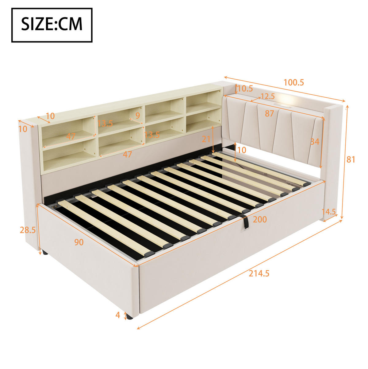 POLSTERBETT 90/200 cm in Beige mit Stauraum und USB- und Type-C-Anschlüssen - Beige, Textil (90/200cm) - Flora Grace