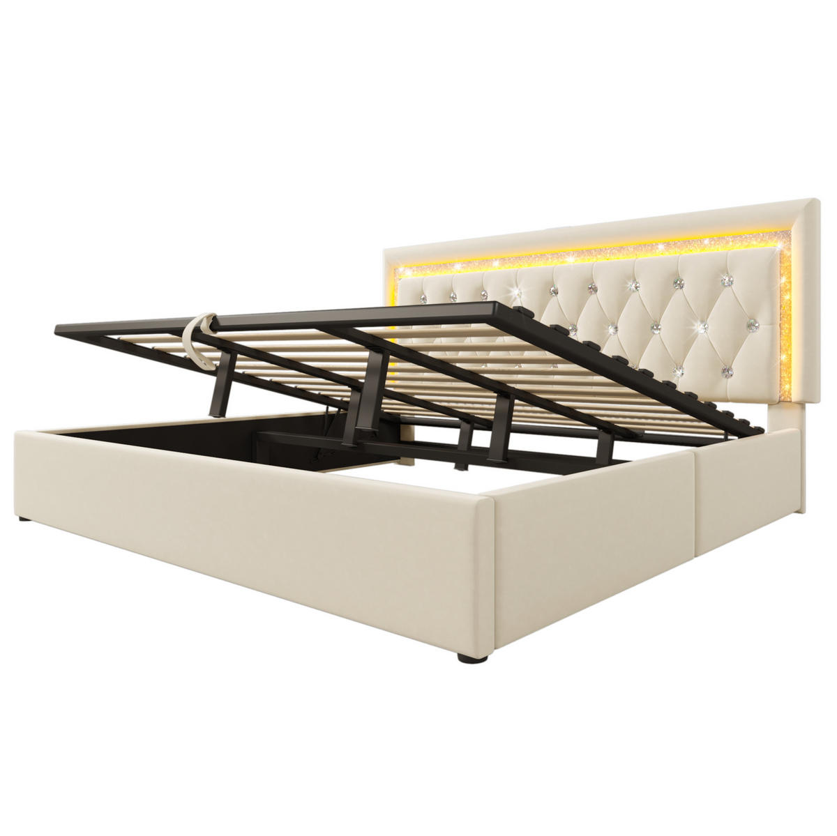 SAMT-POLSTERBETT 180/200 cm mit LED-Beleuchtung, Bettkasten und USB-C - Beige, Textil (180/200cm) - BEAOK