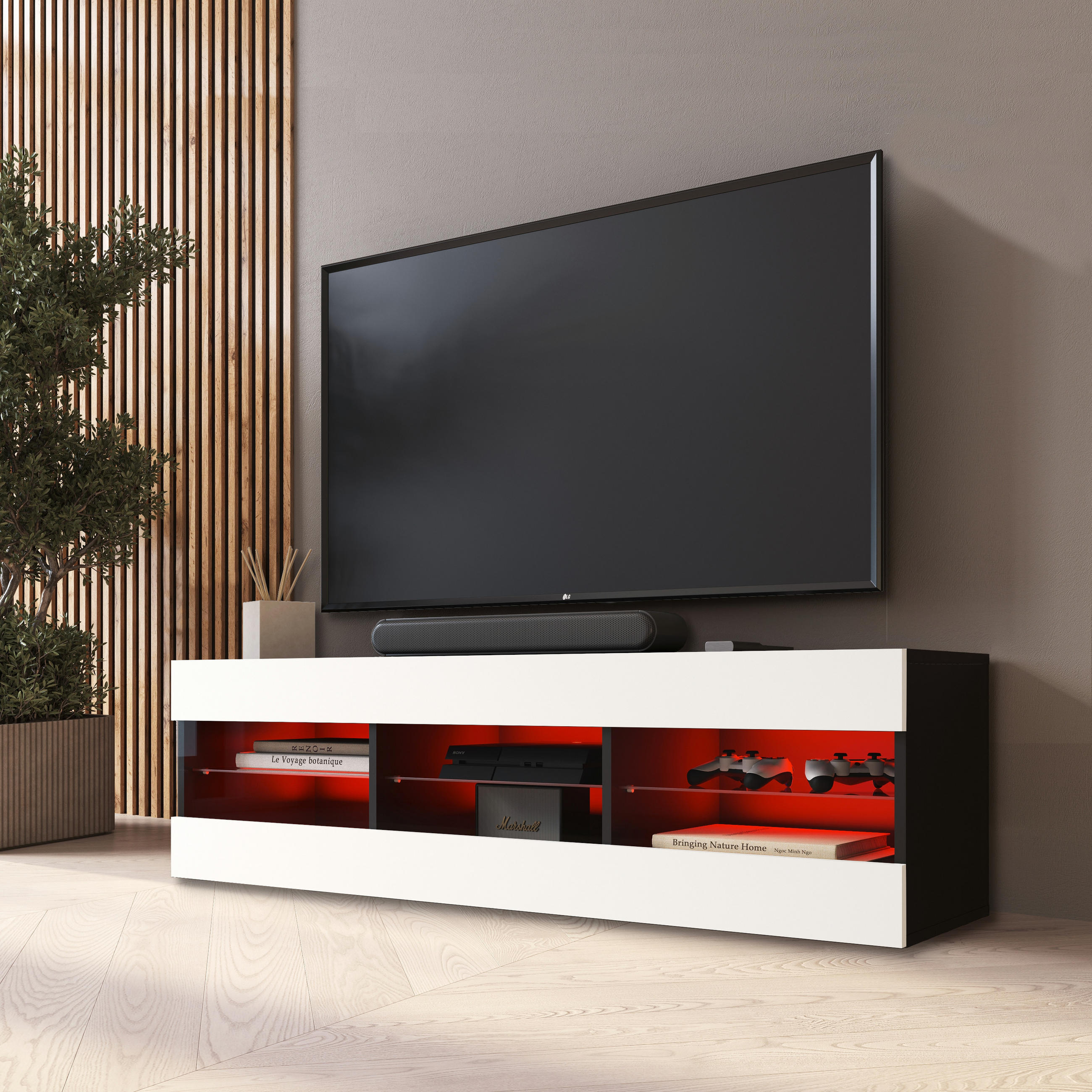 LOWBOARD TIVOLI RTV 140, Weiss, LED Mehrfarbige - Schwarz/Weiß, Glas/Holzwerkstoff (140/40.5/35.5cm) - Komodee