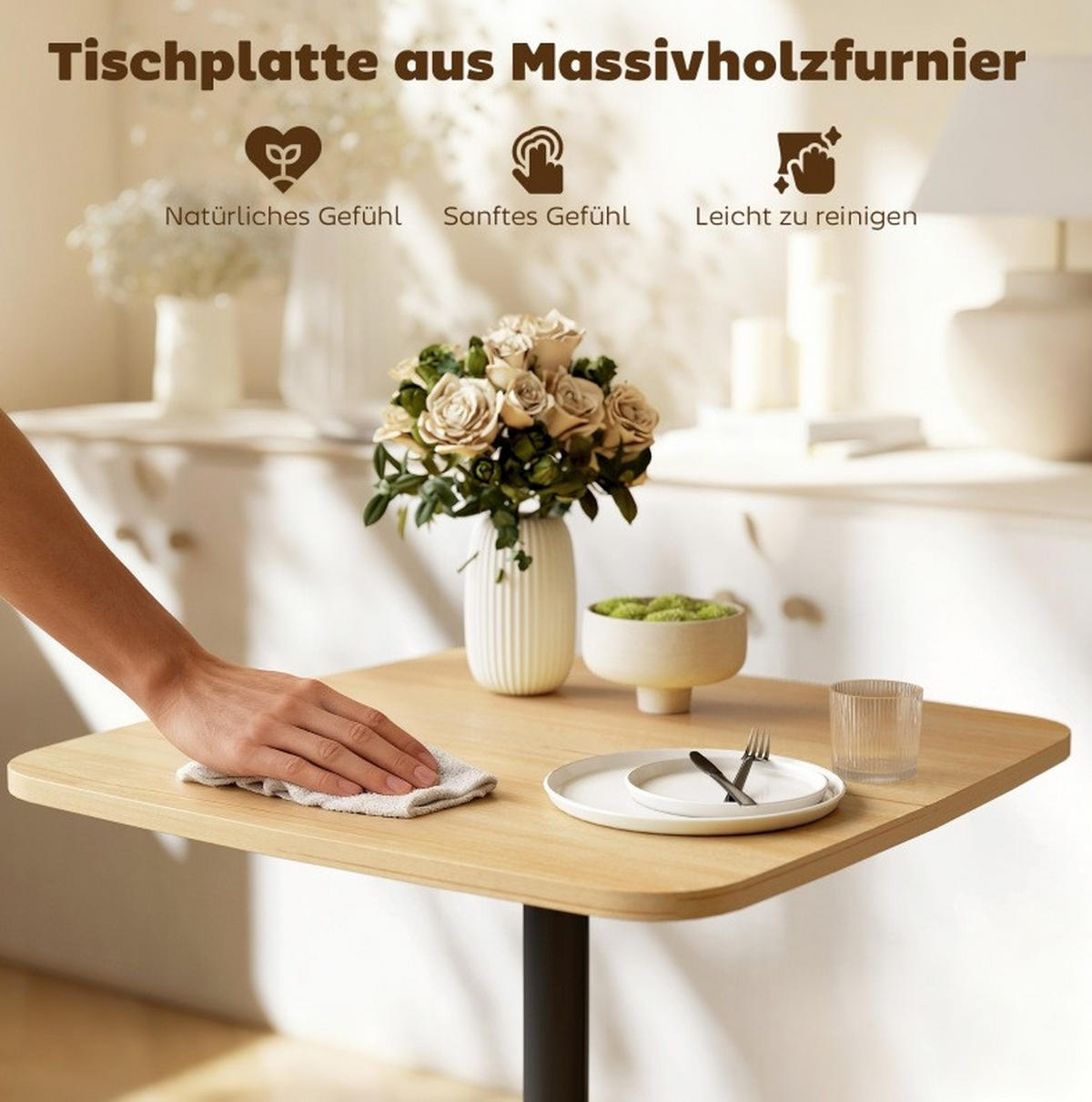ESSTISCH aus Holz 60x60x75 cm Naturholz mit lackierter Oberfläche, abgerundeten Ecken und Stahlbasis - Braun, Holz (60/60/75cm) - Modfu