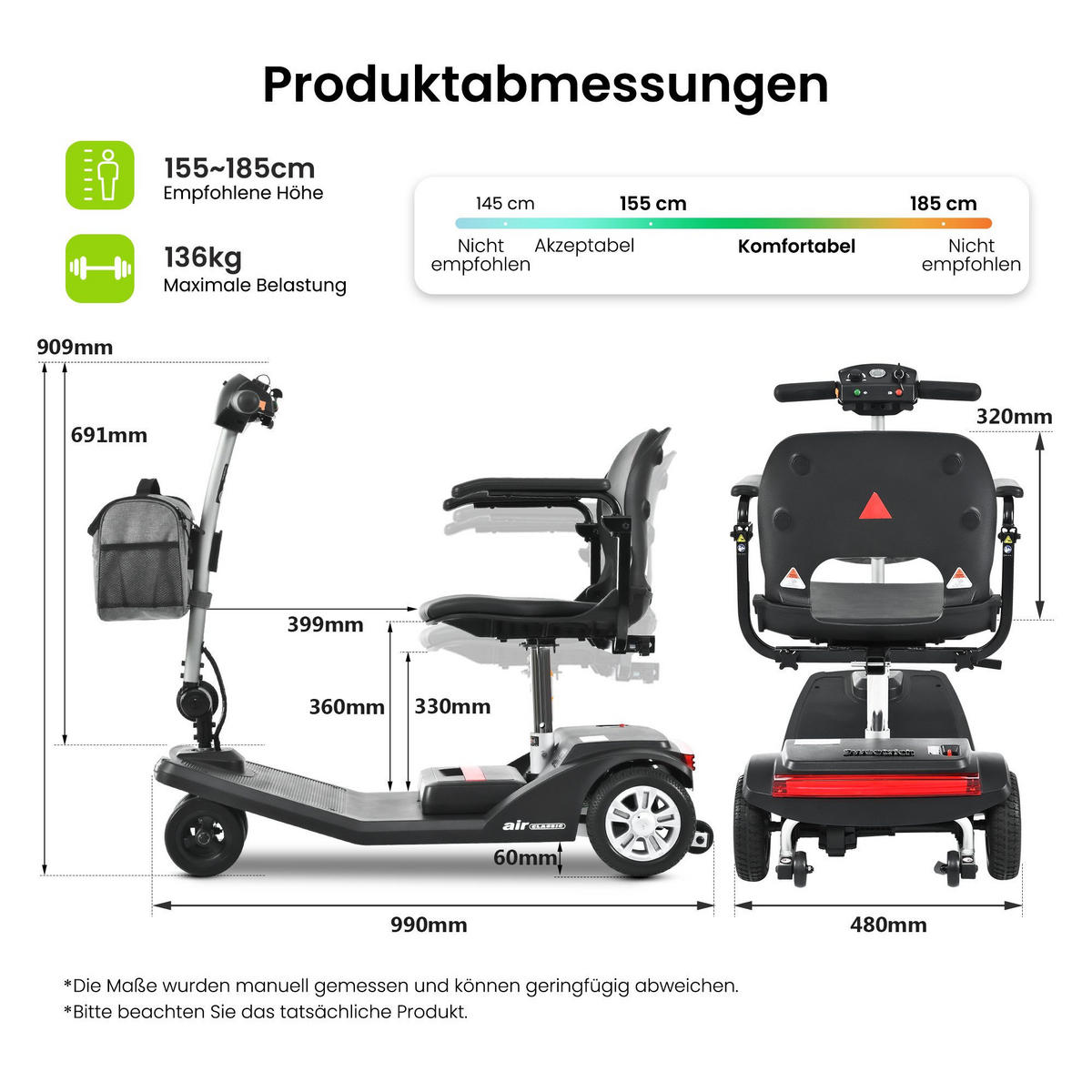 ELEKTROMOBIL 250W 120kg Traglast, 20km Reichweite Lithium-Akku Seniorenmobil - Schwarz, Metall (48/88/102cm)