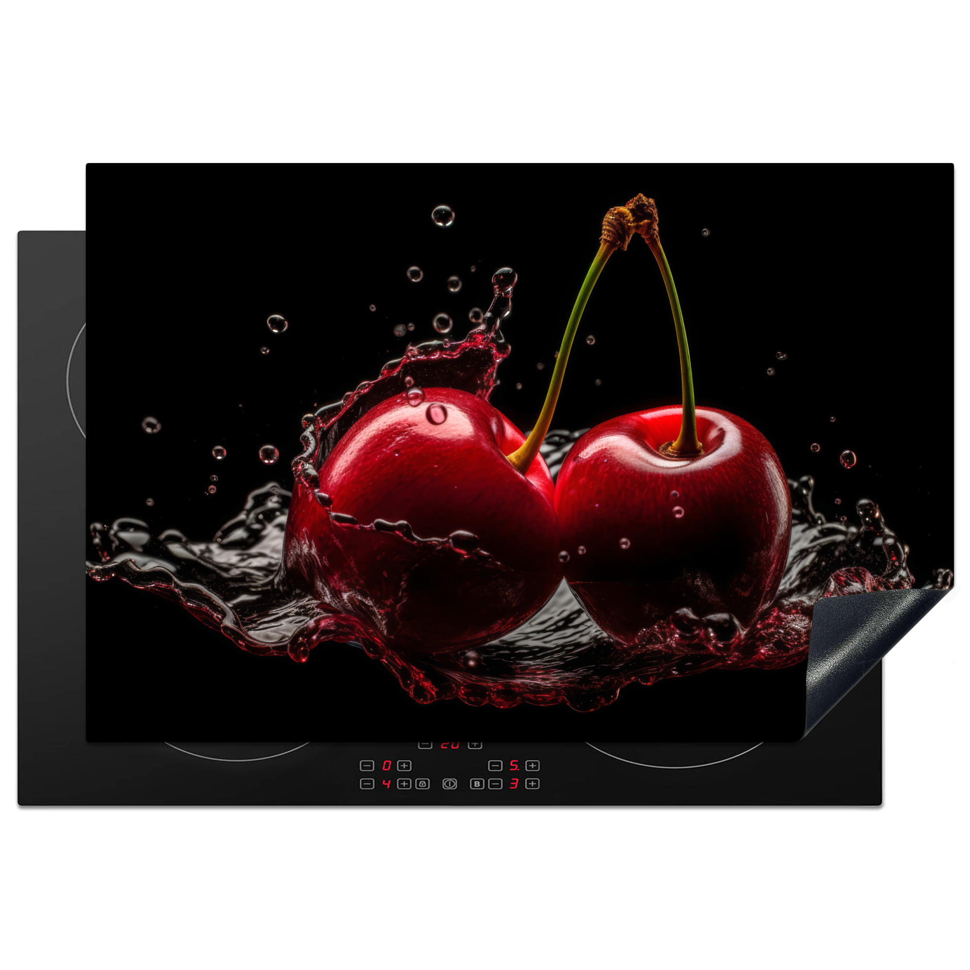 MuchoWow KRYT NA INDUKČNÍ DESKU Třešeň - červená - ovoce - voda - černá 76x51.5 cm