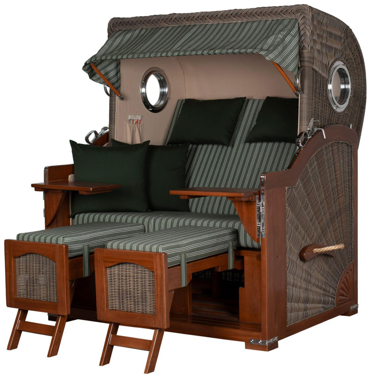 STRANDKORB Komplettset: Ammersee Grande XL Mahagoni Bullauge - PE grau - Modell 504 - Grau/Grün, Holz/Kunststoff (142/165/95cm) - bene living