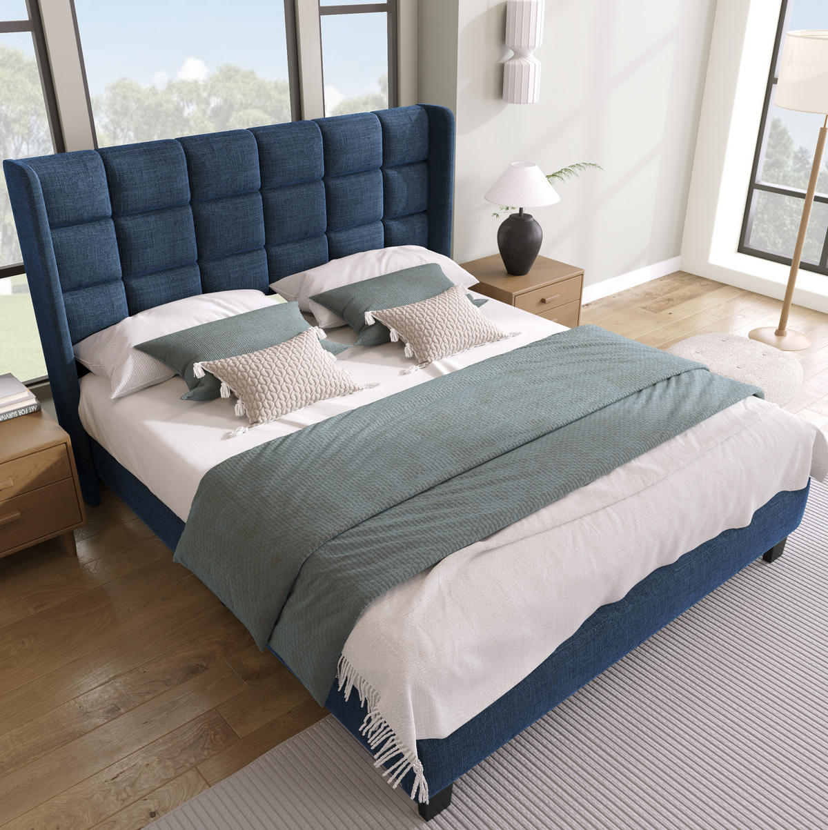 POLSTERBETT 140/200 cm in Blau mit gepolstertem Kopfteil inkl. Lattenrost - Blau, Textil (140/200cm) - BEAOK