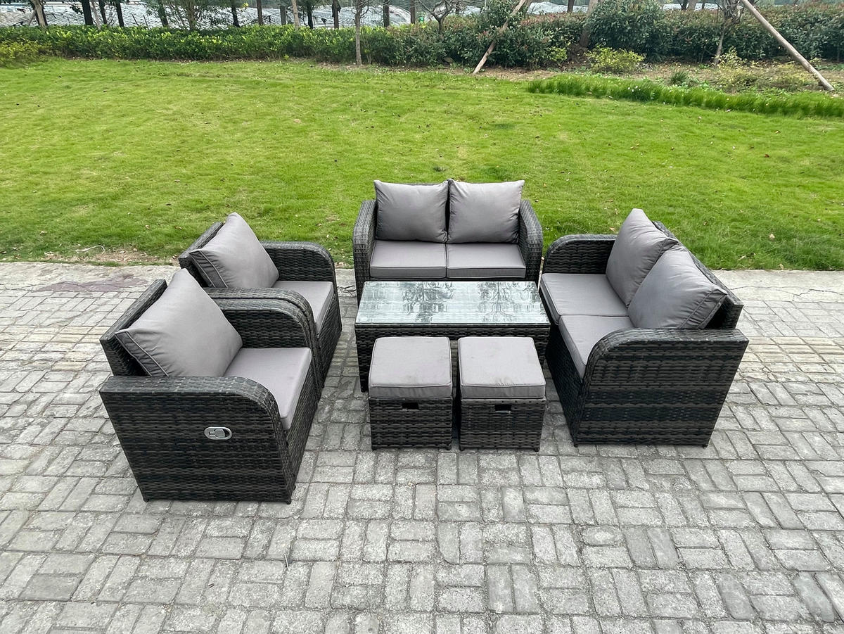 GARTENMÖBEL SET mit Sofa Polyrattan 8-Sitzer Dunkelgrau - Dunkelgrau/Grau, Glas/Kunststoff - Fimous