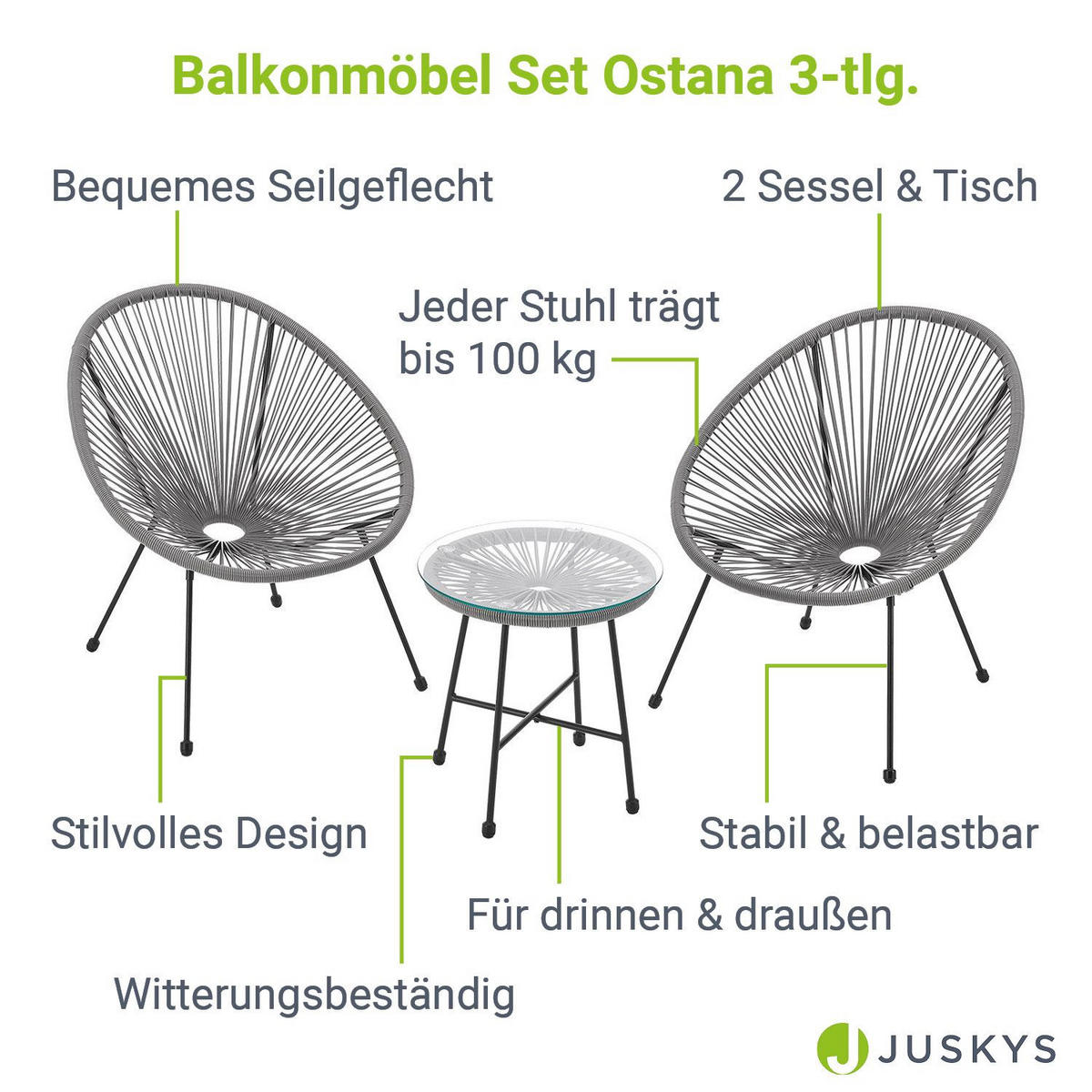 BALKONMÖBEL-SET Ostana hellgrau 3-tlg. - Hellgrau, Metall - Juskys