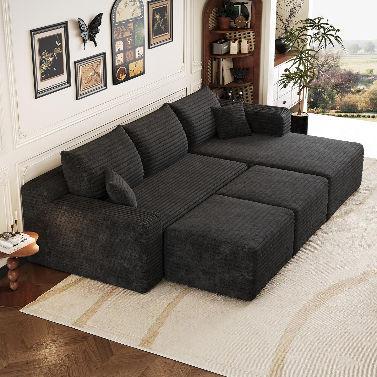 WOHNLANDSCHAFT Cord Schwarz ohne Montage - Schwarz, Textil (241/58/151cm) - WISHDOR