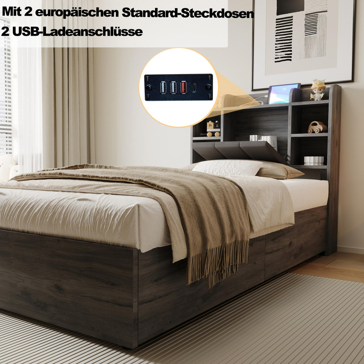 BETT 90/200 cm aus MDF mit USB-/Tape-C-Steckdose und Stauraum, Grau - Grau, Holzwerkstoff (90/200cm) - OKMYHOME