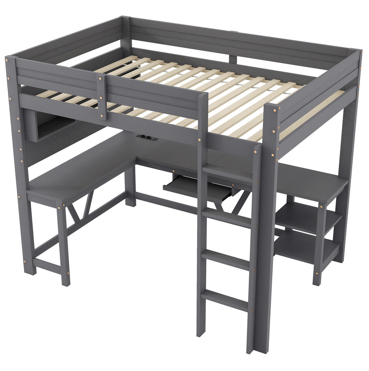 HOCHBETT aus Kiefer und MDF 90x200 cm Grau mit Schreibtisch, LED-Beleuchtung, Stauraum und Ladestation - Grau, Holzwerkstoff (90/200cm) - Modfu