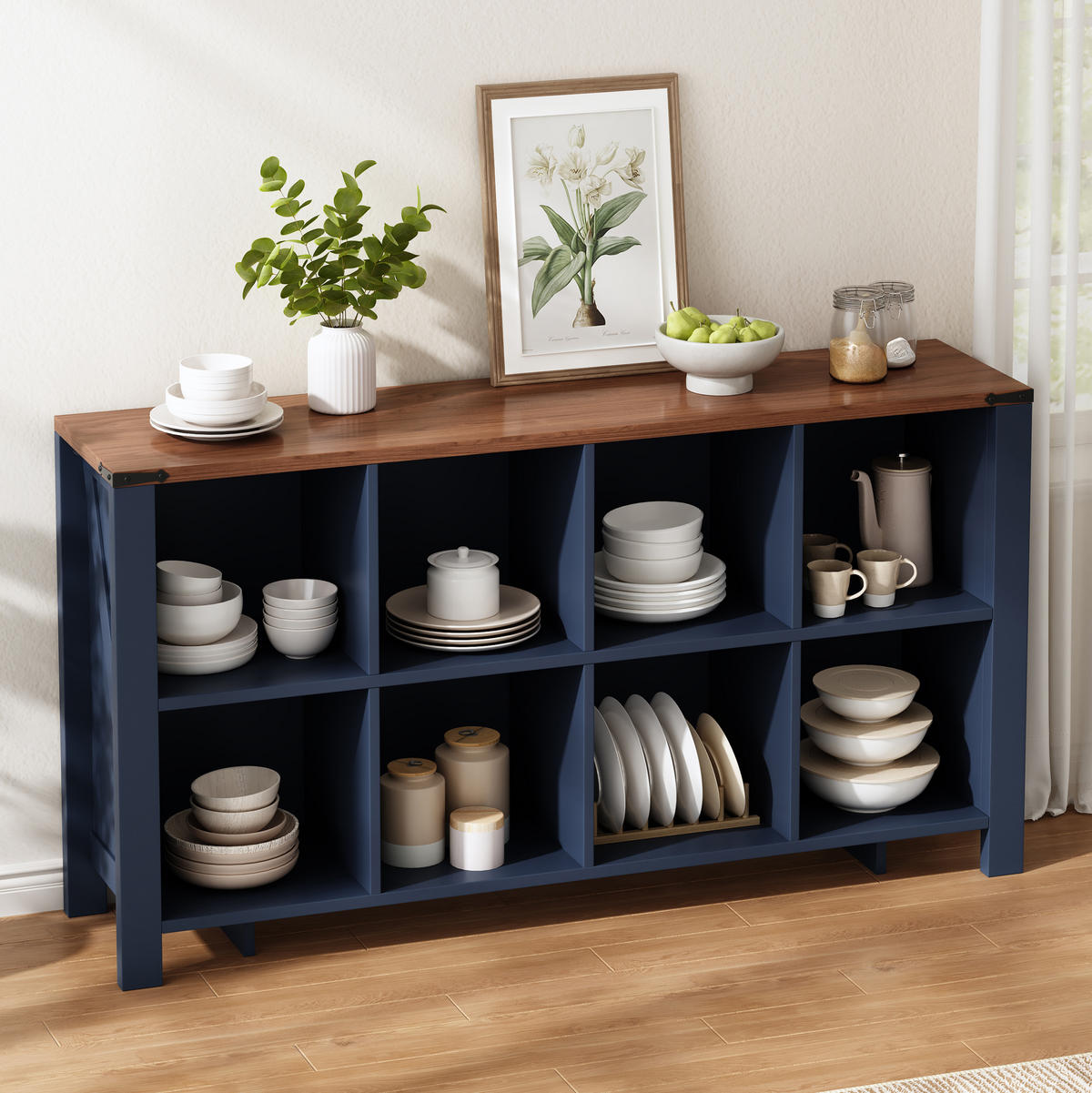 SIDEBOARD DE-38761 140/34/75 cm 8 Staufächer Blau/Holzoptik - Blau, Holzwerkstoff (140/75/34cm) - ComfortXL
